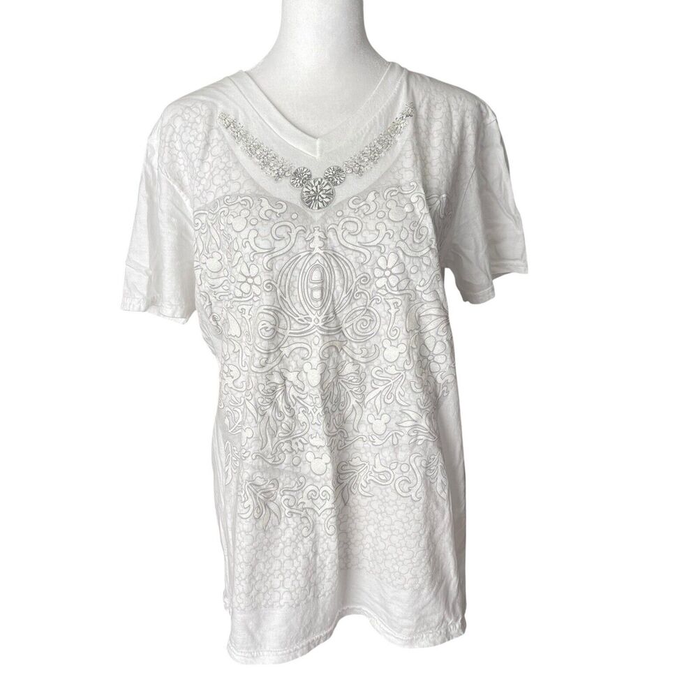 Disney Parks Medium T-Shirt Short Sleeve Diamond Print White Tee Top